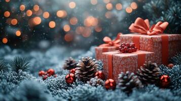 Festive holiday gifts surrounded by pinecones and decorative ornaments in a winter setting photo
