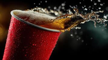 Colorful red cup splashes refreshing beverage with bubbles in dynamic action shot at night photo