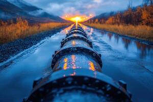 A long pipeline with a sunset in the background photo