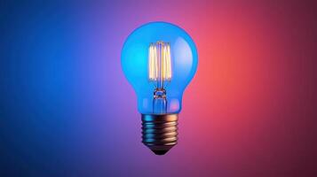 Colorful light bulb casting blue and red glow with warm filament in modern setting photo