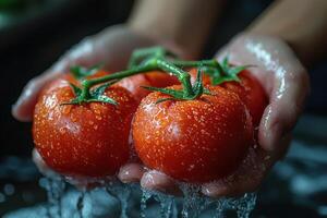 A person holding two tomatoes in their hands photo