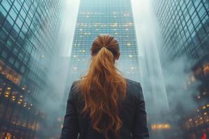 A woman in a business suit looking at tall buildings photo