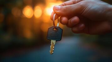 Hand holding a key close to the camera in a forest during sunset photo