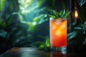 A drink with orange juice and mint leaves on a wooden table photo
