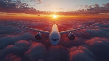 Airplane flying above clouds during sunset creating a stunning sky view with vibrant colors and soft clouds photo