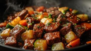 Juicy beef stir fry with colorful vegetables steaming in a hot skillet during a lively dinner preparation at home photo