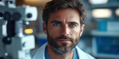 A man in a lab coat looking at the camera photo