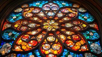 Beautiful stained glass window with vibrant colors and intricate floral designs in a historic cathedral during daylight photo
