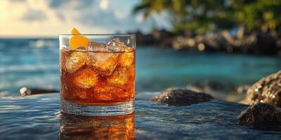A glass of alcohol sitting on the rocks near the ocean photo