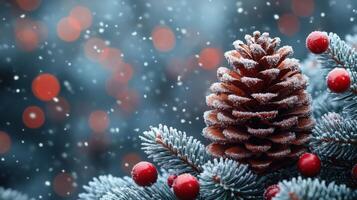 Snowy pine cone adorned with red berries against a blurred winter background during a festive evening photo