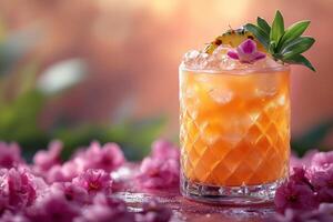A drink with a pineapple garnish and flowers photo