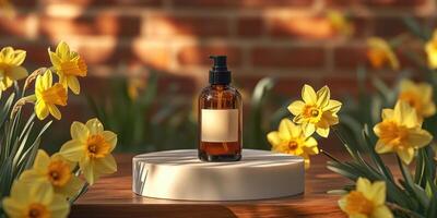 Elegant dark amber bottle surrounded by vibrant daffodils on a wooden surface in a garden setting during daytime photo