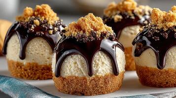Delicious mini cheesecakes topped with chocolate and crushed cookies on a dessert platter photo