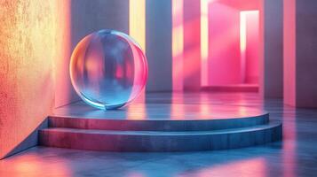 Colorful abstract space with a transparent sphere and illuminated walls in twilight photo