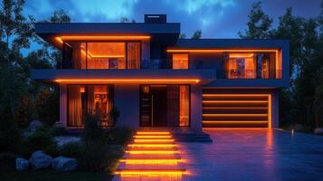 Modern house illuminated by orange lights at dusk, surrounded by greenery and a clear sky photo