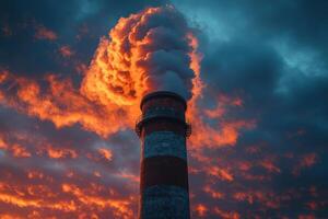 A smoke stack is seen in the sky at sunset photo