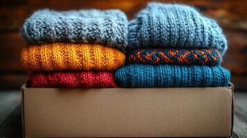 Colorful knitted sweaters neatly stacked in a box for winter fashion display in a cozy setting photo