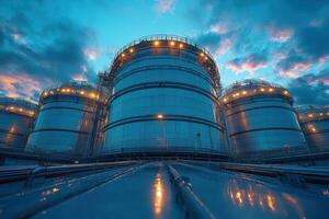 Oil tanks at sunset with cloudy sky photo