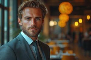 A man in a suit and tie standing in a restaurant photo