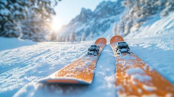 Skiing adventure in winter landscape with snow-covered mountains and sunlight shining through trees photo