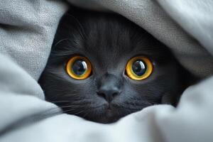 A black cat peeking out from under a blanket photo