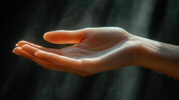 Gentle hand reaching out toward soft light in a serene, tranquil space photo