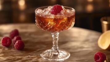 Delicious raspberry cocktail served in an elegant glass with crushed ice and garnished with fresh raspberries photo