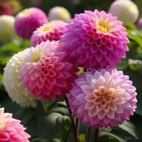 a realistic, and intimate close-up of the vibrant, dahlia pinnata flowers in the garden photo