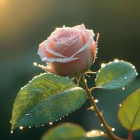 A delicate, pale pink rosebud, gently swaying on a slender stem, sits atop a vibrant green leaf, its intricate veins visible under the soft, warm light of early morning photo