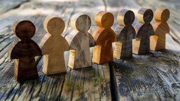 Wooden people standing in a row on a wooden table photo