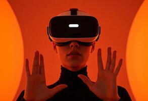 Head-on closeup, Futuristic human with a compact VR headset, Interacting with Virtual Space in a Sleek, isolated on warm orange tone background photo