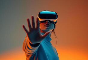 Front view of a woman immersed in VR world, Interacting with virtual space, Virtual reality moment photo