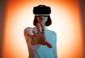 Front view of a woman immersed in VR world, Immersive technology future, Extend one hand forward, Sleek headset and warm minimalist background photo
