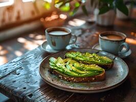 Rustic breakfast setting with avocado toast coffee cups and sunlight on wooden table photo