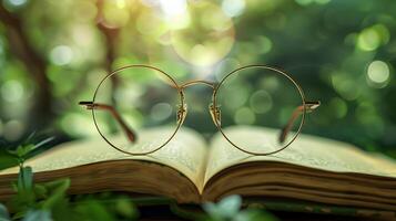 vintage round eyeglasses placed on open book in natural setting photo