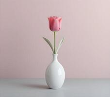 Delicate Pink Tulip in a White Vase Against a Soft Color Background photo