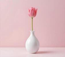 Delicate Pink Tulip in a White Vase Against a Soft Pink Background photo