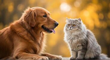 Dog and Cat Companionship Golden Retriever and Gray Fluffy Cat photo