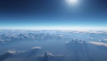 Flying Above Fluffy Clouds with Sunlight Streaming Through the Atmosphere photo