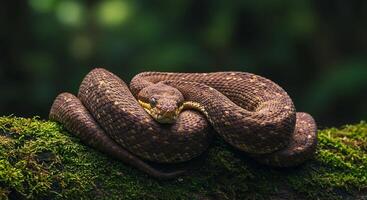 Coiled Snake Resting on Moss Covered Branch in Forest photo