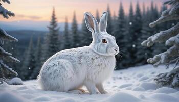 White Rabbit Sitting in Snowy Winter Forest Landscape at Dusk photo
