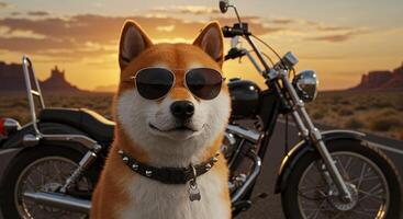 Dog Wearing Sunglasses Posing with a Motorcycle at Sunset Roadtrip photo
