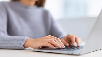 Woman typing on a laptop in a cozy indoor setting, showcasing modern technology and productivity, emphasizing the importance of digital communication concept photo