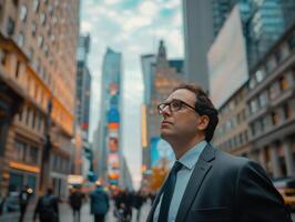 Businessman in a suit looking up at skyscrapers in a bustling city street with bright advertisements and a cloudy sky, urban lifestyle concept photo