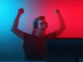 Excited gamer celebrating victory with raised arms in front of a computer screen illuminated by blue and red lights, gaming passion concept photo