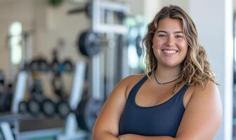 Confident young woman smiling in a gym setting with fitness equipment in the background showcasing strength and determination healthy lifestyle concept photo