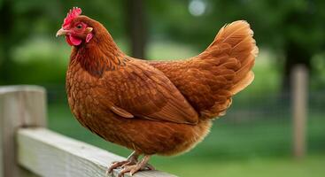 Brown Hen Perched on Wooden Fence in Outdoor Farm Setting photo