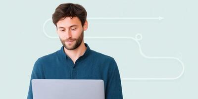 Young man using laptop with abstract background and arrows illustrating progress and direction in a modern workspace technology concept photo