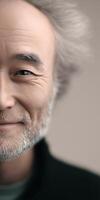 Elderly man with gray hair smiling warmly, showcasing wisdom and experience, portrait photography, emotional connection, healthy aging concept photo