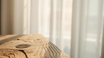 Wooden Table Surface Close Up with Curtain Backdrop and Soft Lighting photo